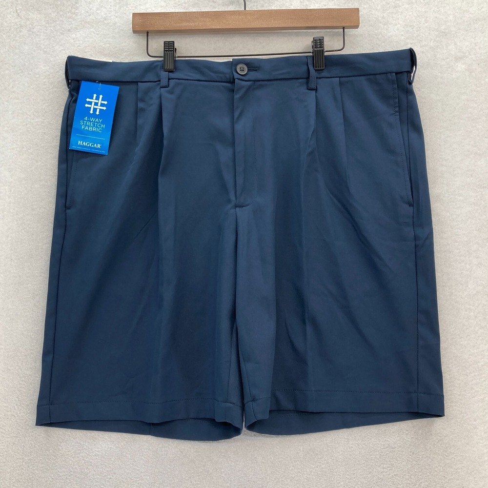 Haggar Cool 18 Pro Shorts Mens 42 Navy Blue Stretch Pleated Quick Dry Golf NWT